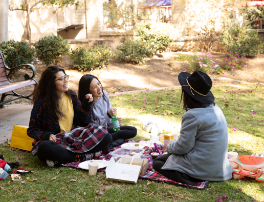 Three young adults with medium to long dark brown hair sitting outside on a red checkered blanket eating and drinking.