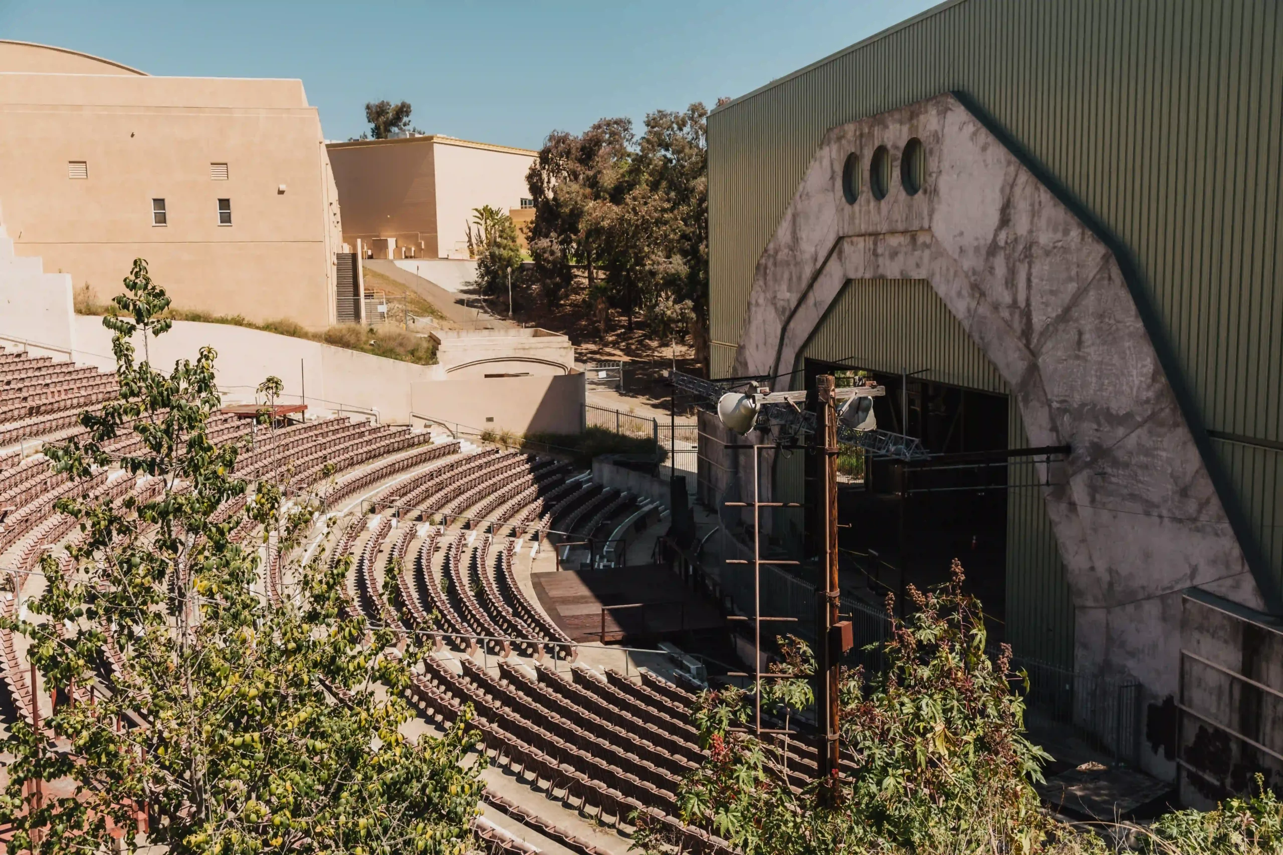 Starlight Bowl amphitheater looking down onto the rows of seats and the stage from above.