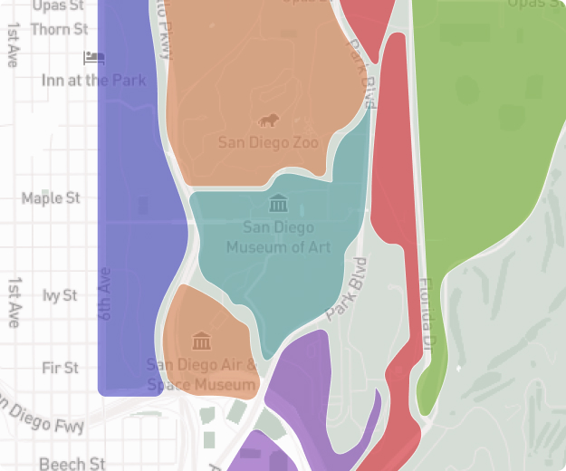 A map of Balboa Park depicting different colored zones for points of interest in the park.