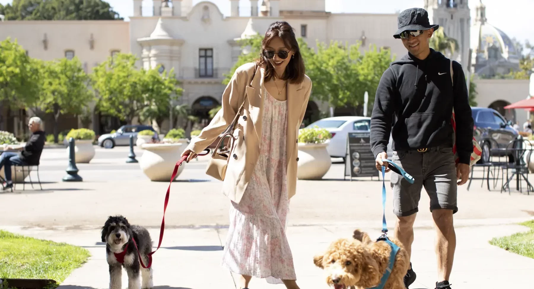 Two adults walking their dogs outside the House of Hospitality. The Mingei Museum and cars on a road can be seen in the background.